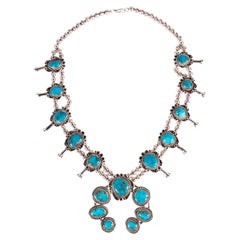 Native Bisbee Turquoise and Sterling Silver Squash Blossom Necklace