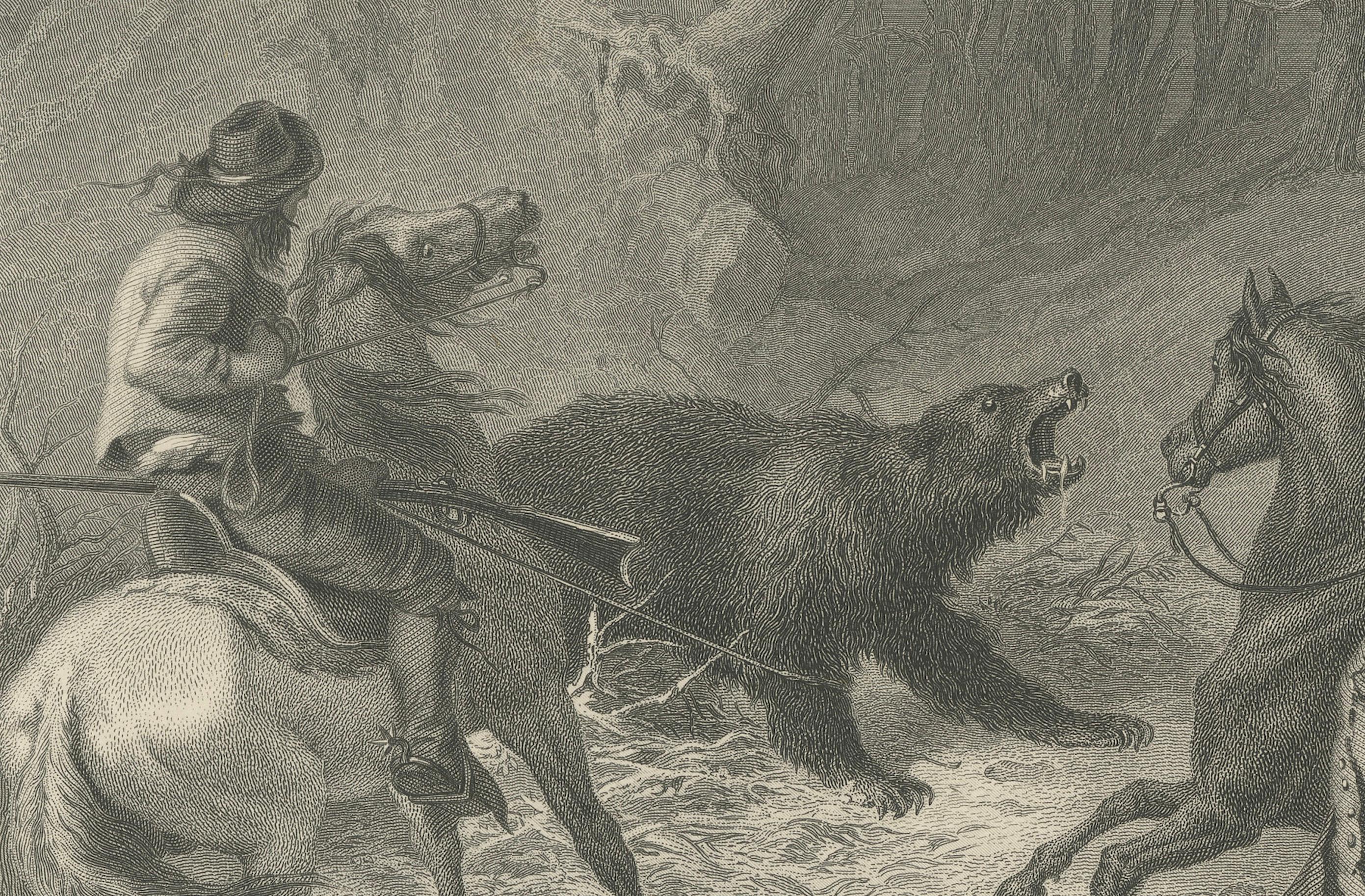Native Californians Lassoing a Bear – American Frontier Hunting Engraving, 1873