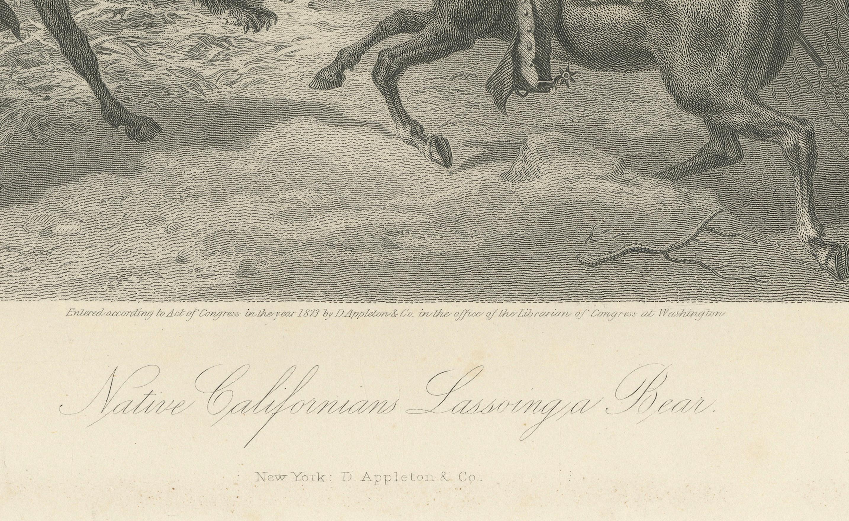 Native Californians Lassoing a Bear – American Frontier Hunting Engraving, 1873