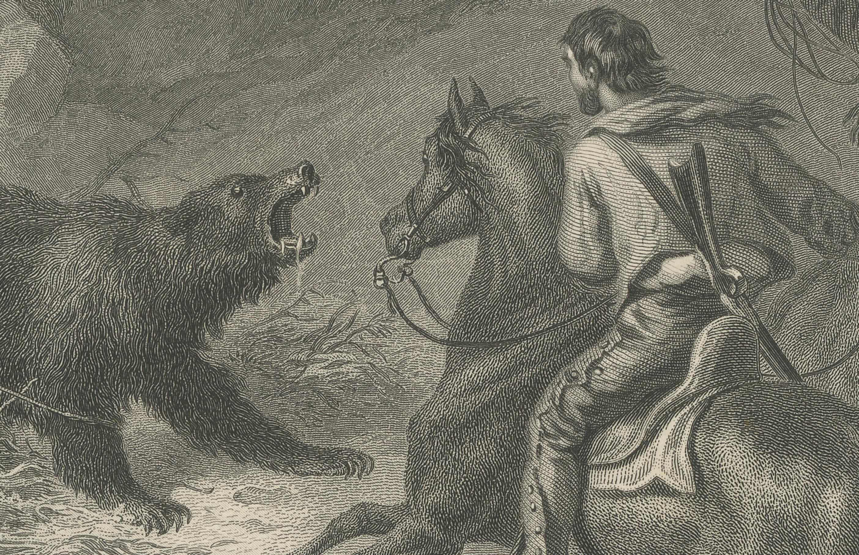 Native Californians Lassoing a Bear – American Frontier Hunting Engraving, 1873