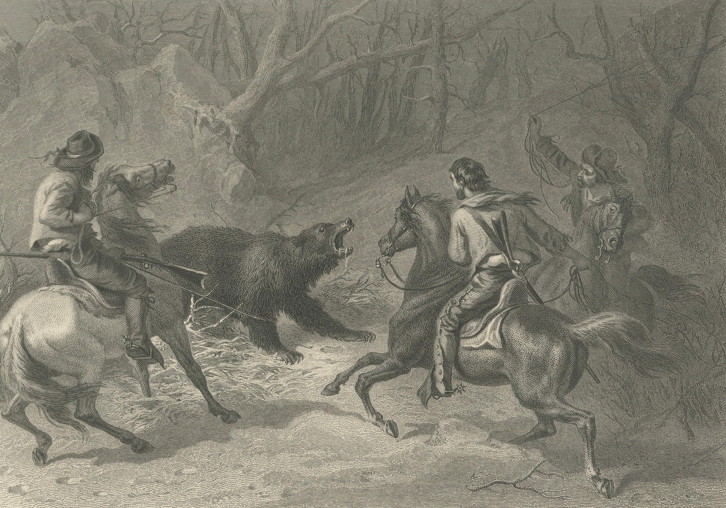 Native Californians Lassoing a Bear – American Frontier Hunting Engraving, 1873