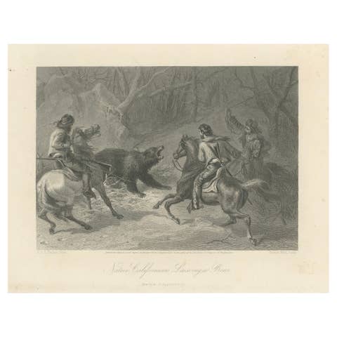 Native Californians Lassoing a Bear – American Frontier Hunting Engraving, 1873