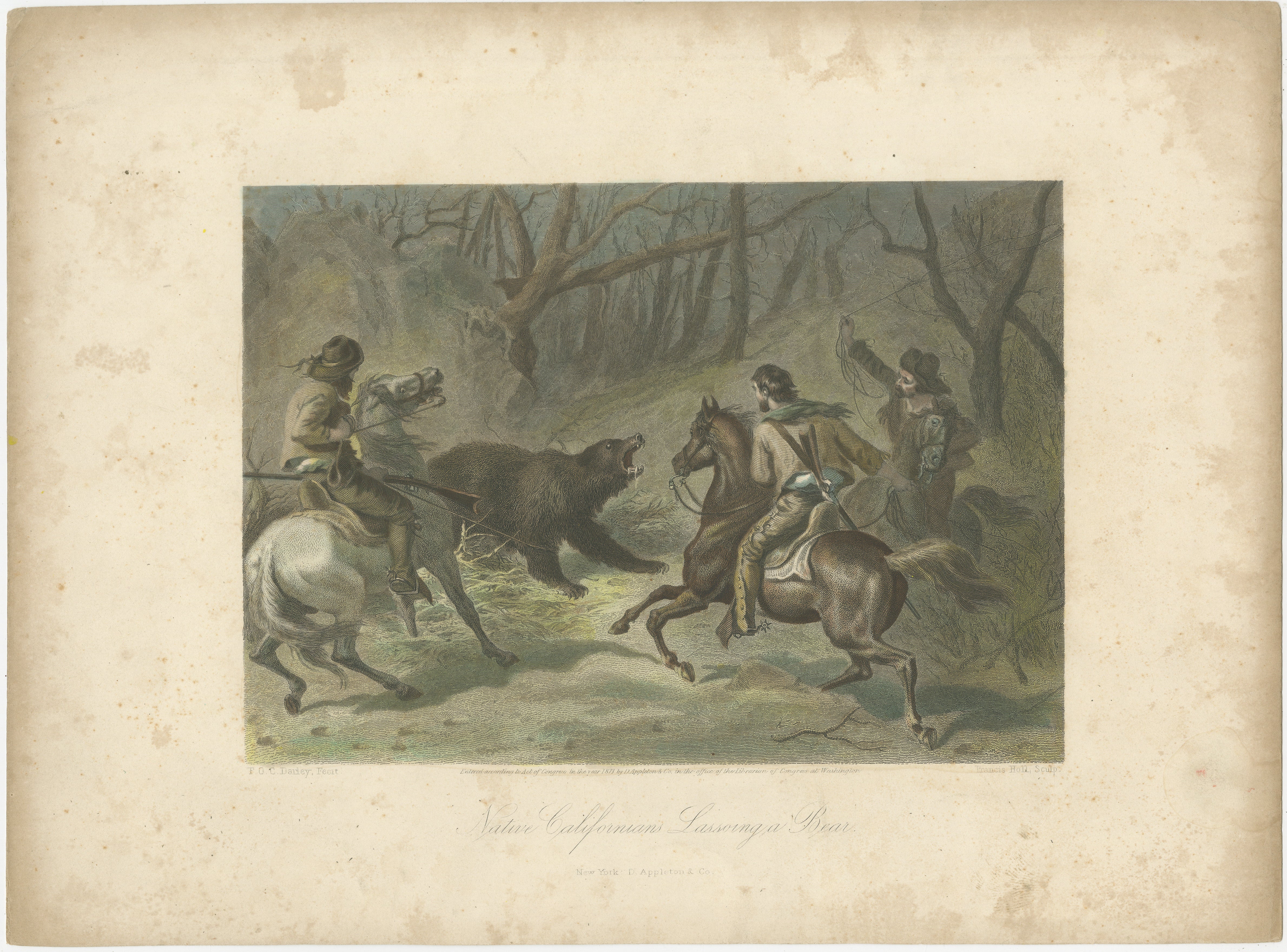 Native Californians Lassoing a Bear, Hand-Colored Americana Print, 1853