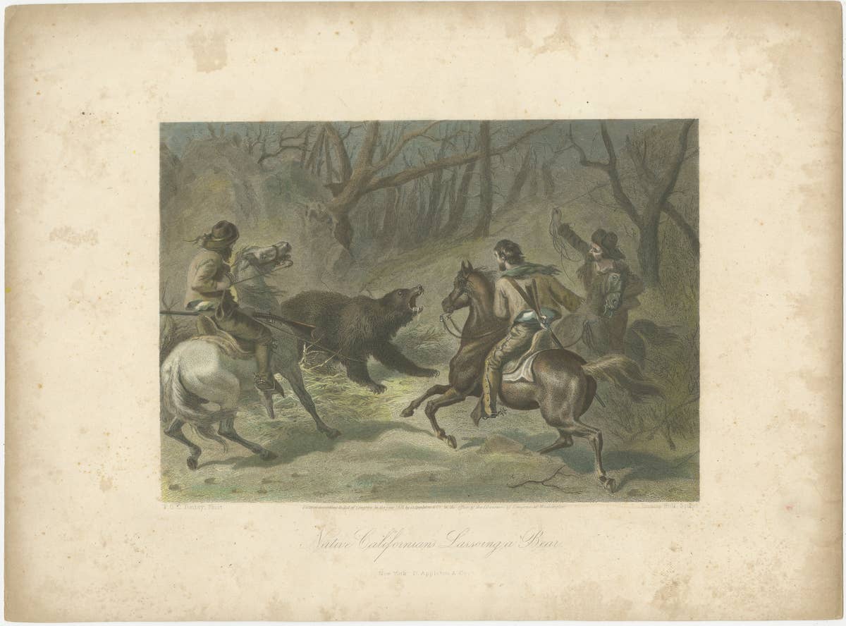 Native Californians Lassoing a Bear, Hand-Colored Americana Print, 1853