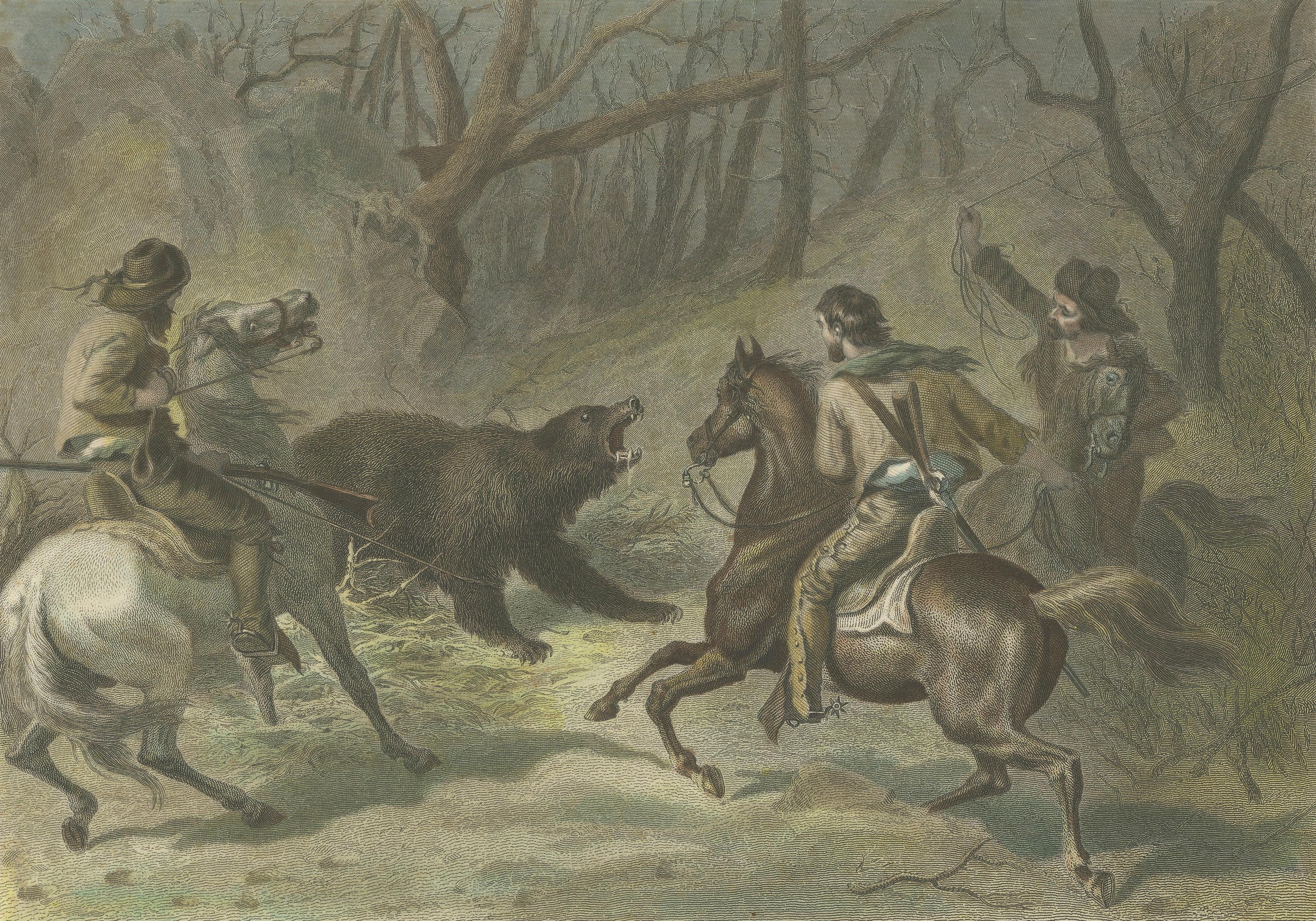 Native Californians Lassoing a Bear, Hand-Colored Americana Print, 1853