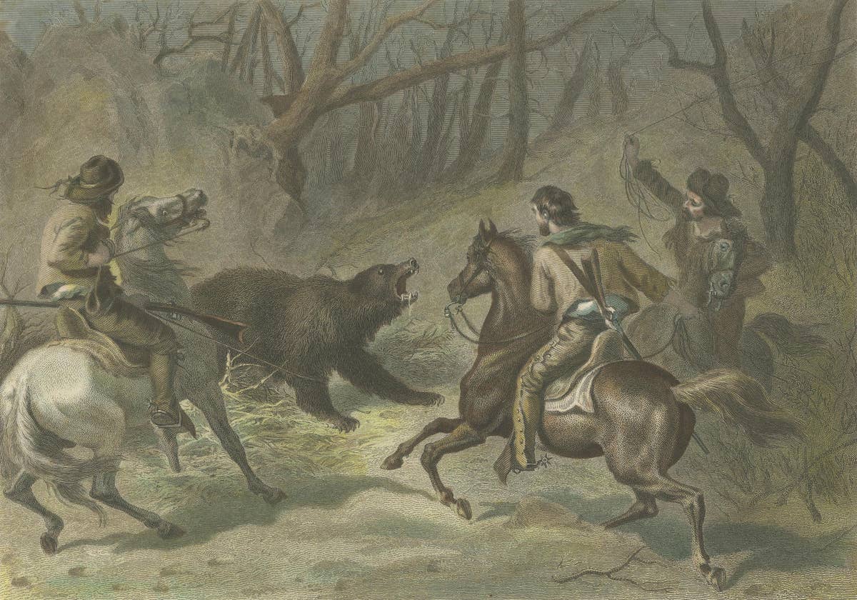 Native Californians Lassoing a Bear, Hand-Colored Americana Print, 1853