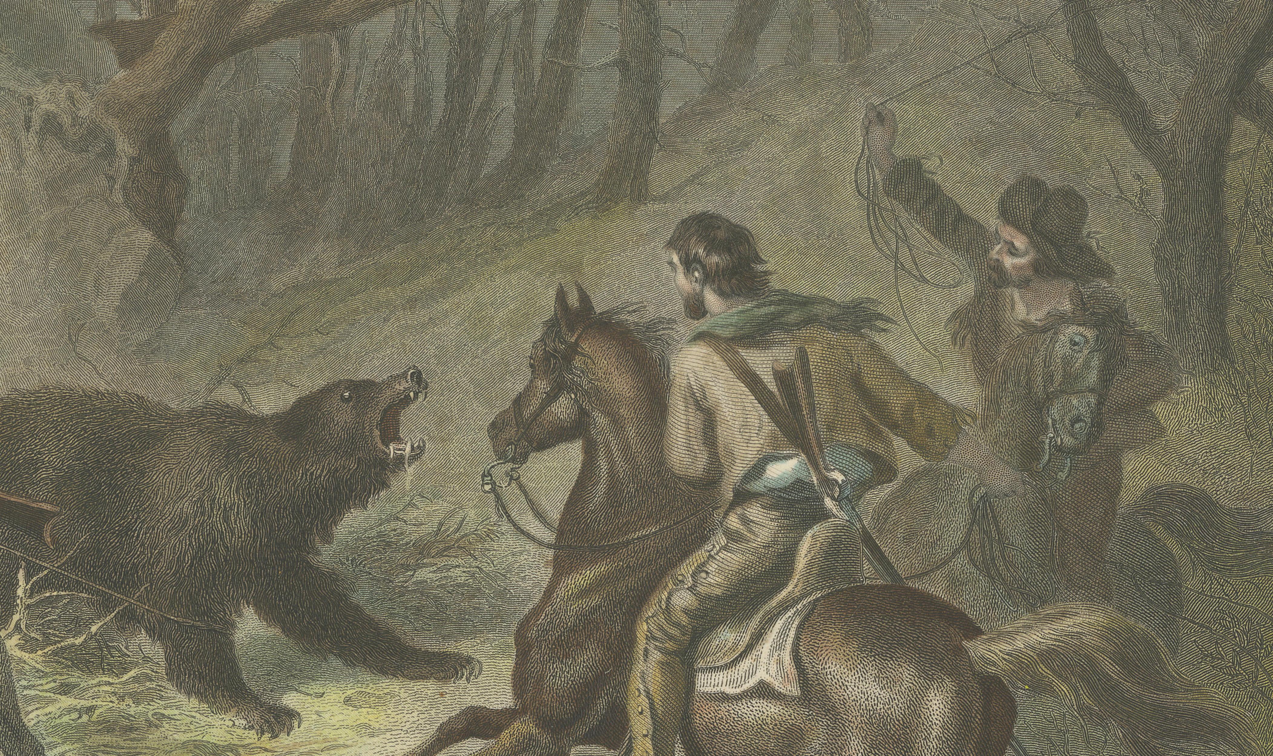 Native Californians Lassoing a Bear, Hand-Colored Americana Print, 1853