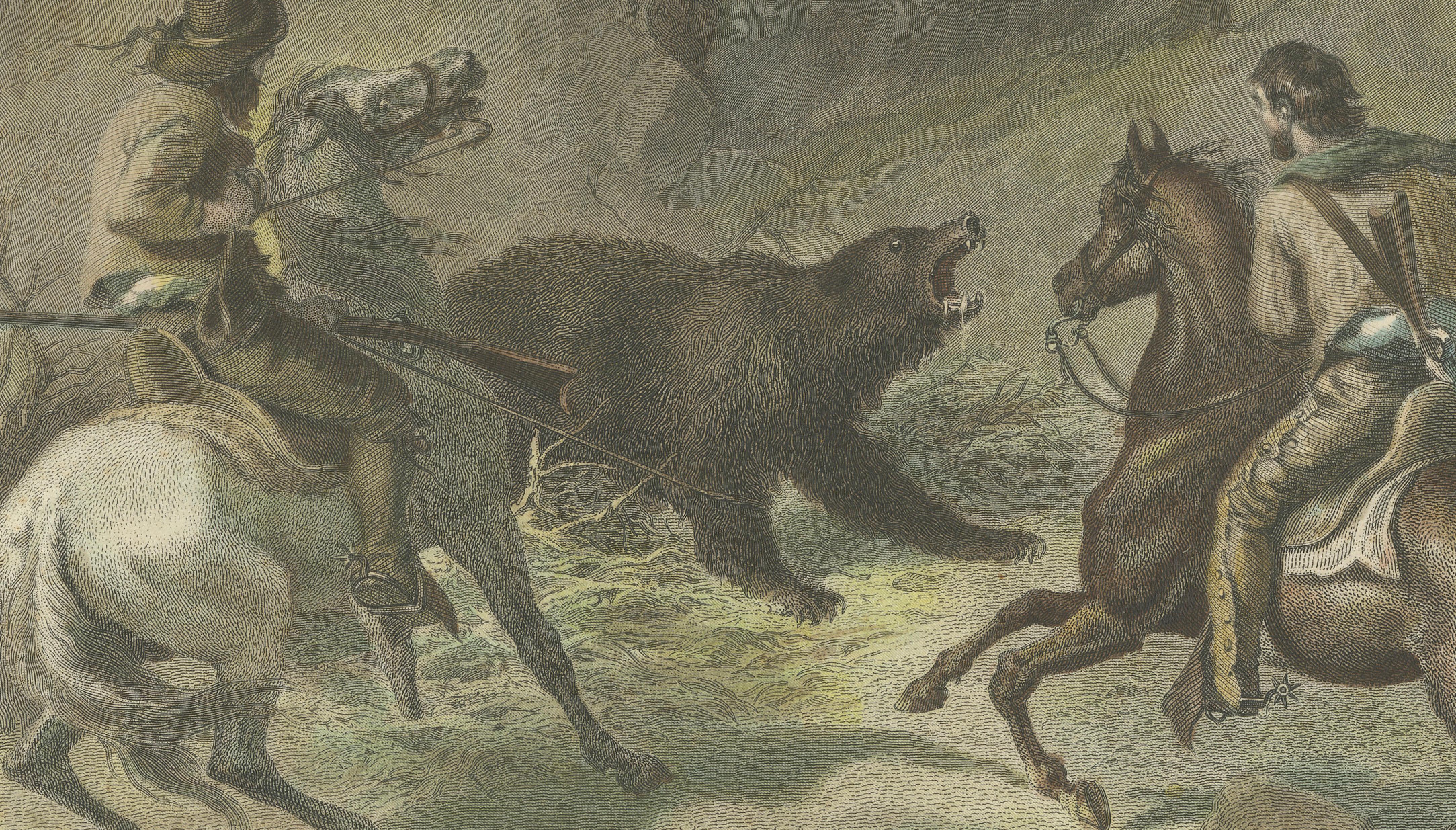 Native Californians Lassoing a Bear, Hand-Colored Americana Print, 1853