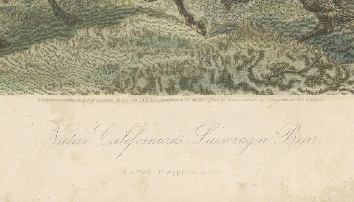 Native Californians Lassoing a Bear, Hand-Colored Americana Print, 1853
