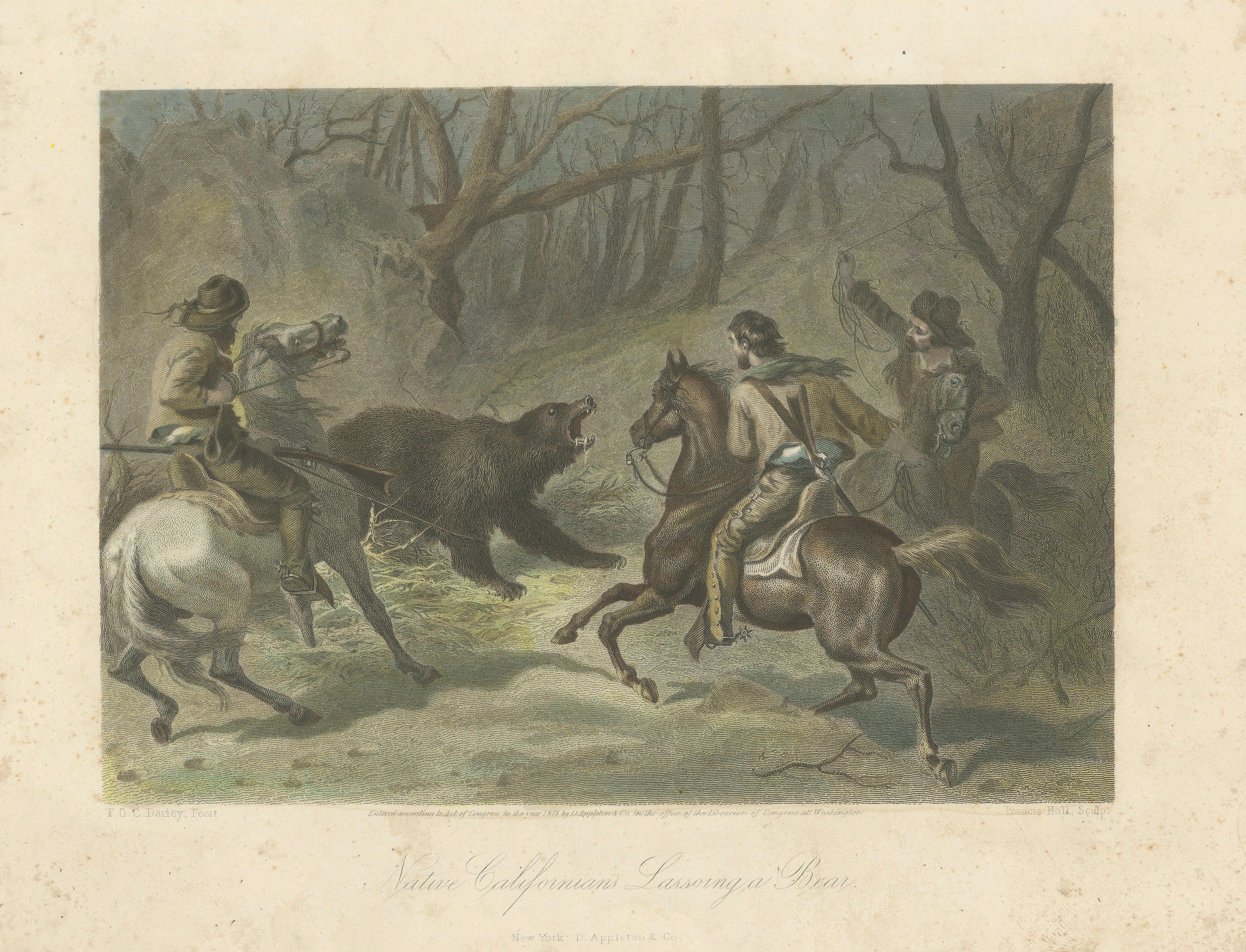 Native Californians Lassoing a Bear, Hand-Colored Americana Print, 1853