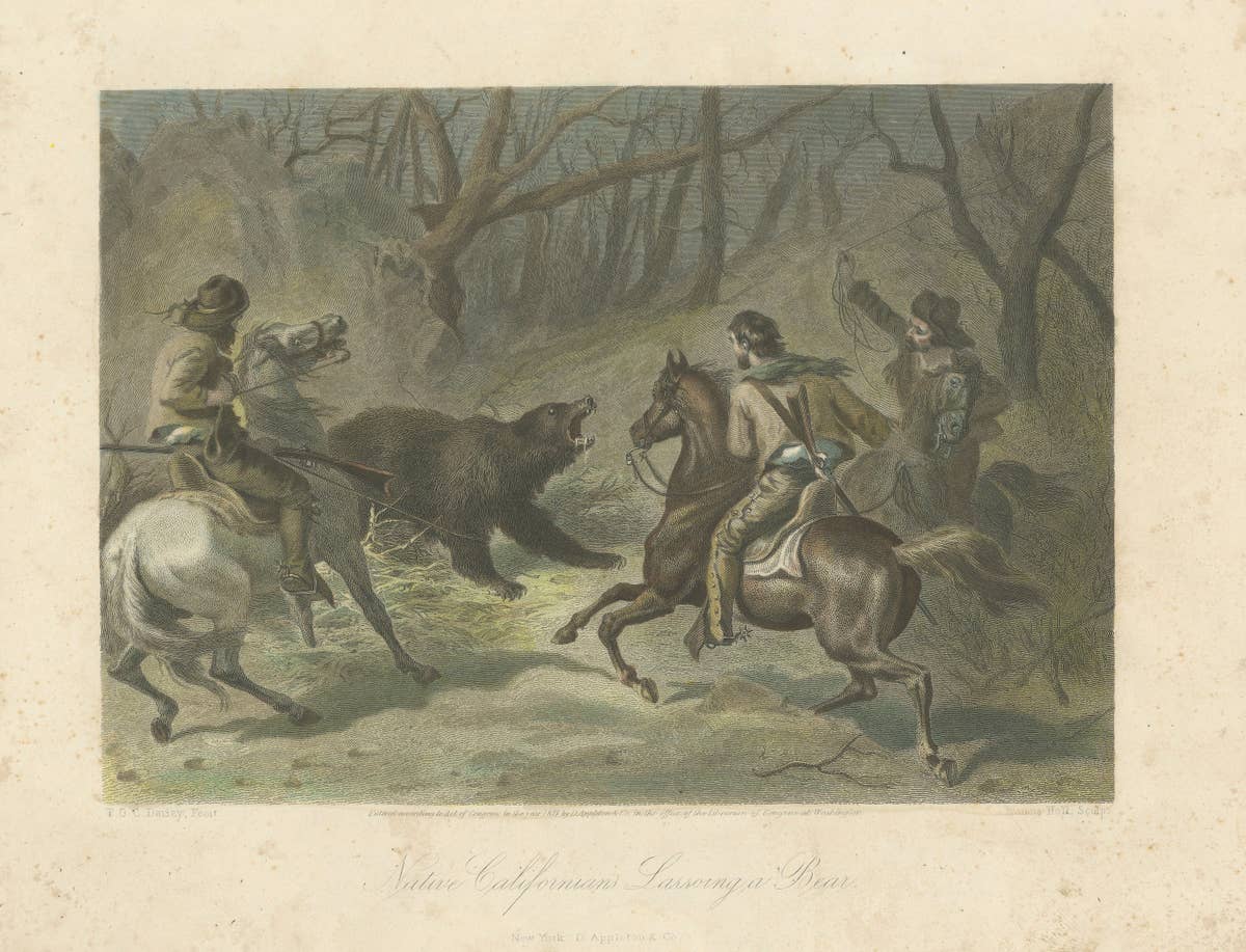 Native Californians Lassoing a Bear, Hand-Colored Americana Print, 1853