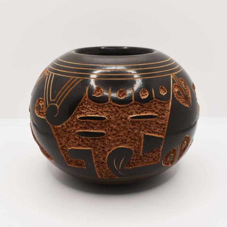American Native Clay Carved Black and Brown Seed Pot, Signed
