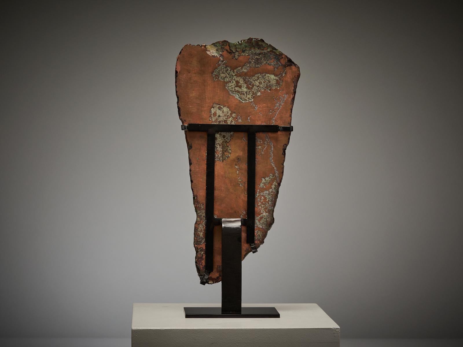 This remarkable sheet of native copper from Michigan’s Keweenaw Peninsula displays beautiful natural metallic patterns and a rich bronze lustre. Its sculptural form captures both strength and refinement, showcasing copper in its purest and most