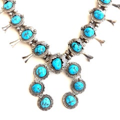 Native Deep Blue Turquoise 925 Sterling Silver Vintage Squash Blossom Necklace