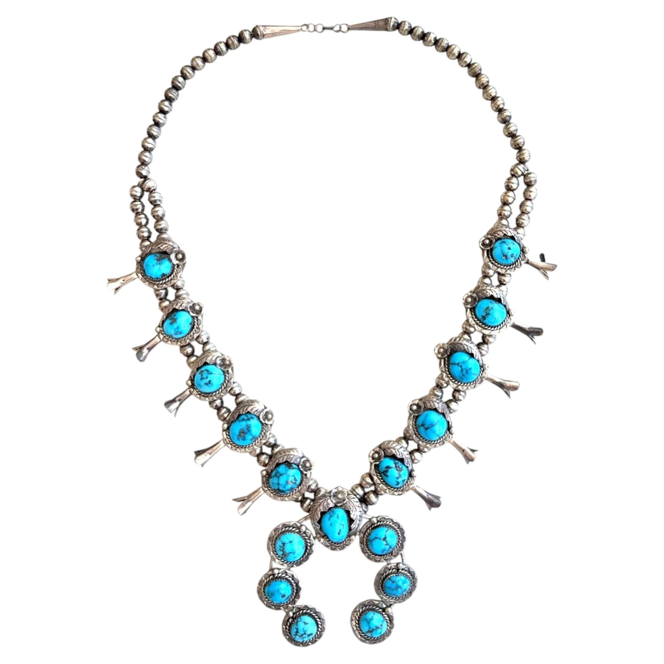 Collana vintage con fiori di zucca Native Deep Blue Turquoise 925 Sterling Silver