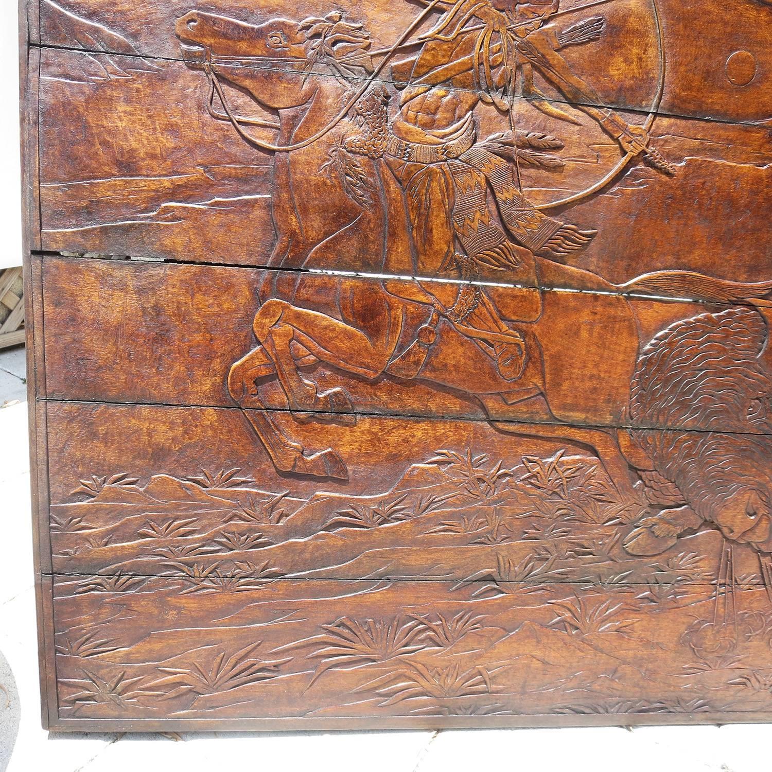 Native American Native Hunting Buffalo Carved Wooden Wall Panel Art by Leanora Oliver Nunn
