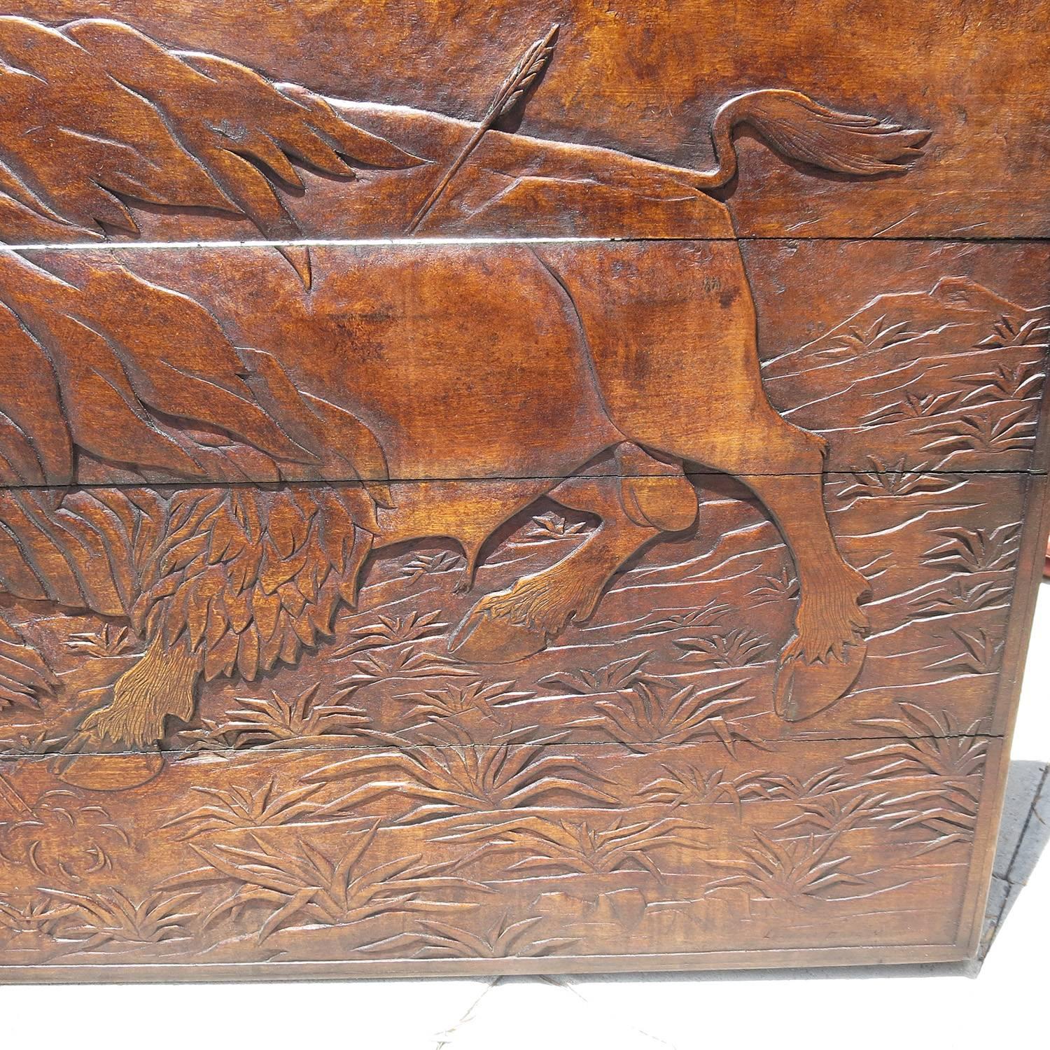 American Native Hunting Buffalo Carved Wooden Wall Panel Art by Leanora Oliver Nunn