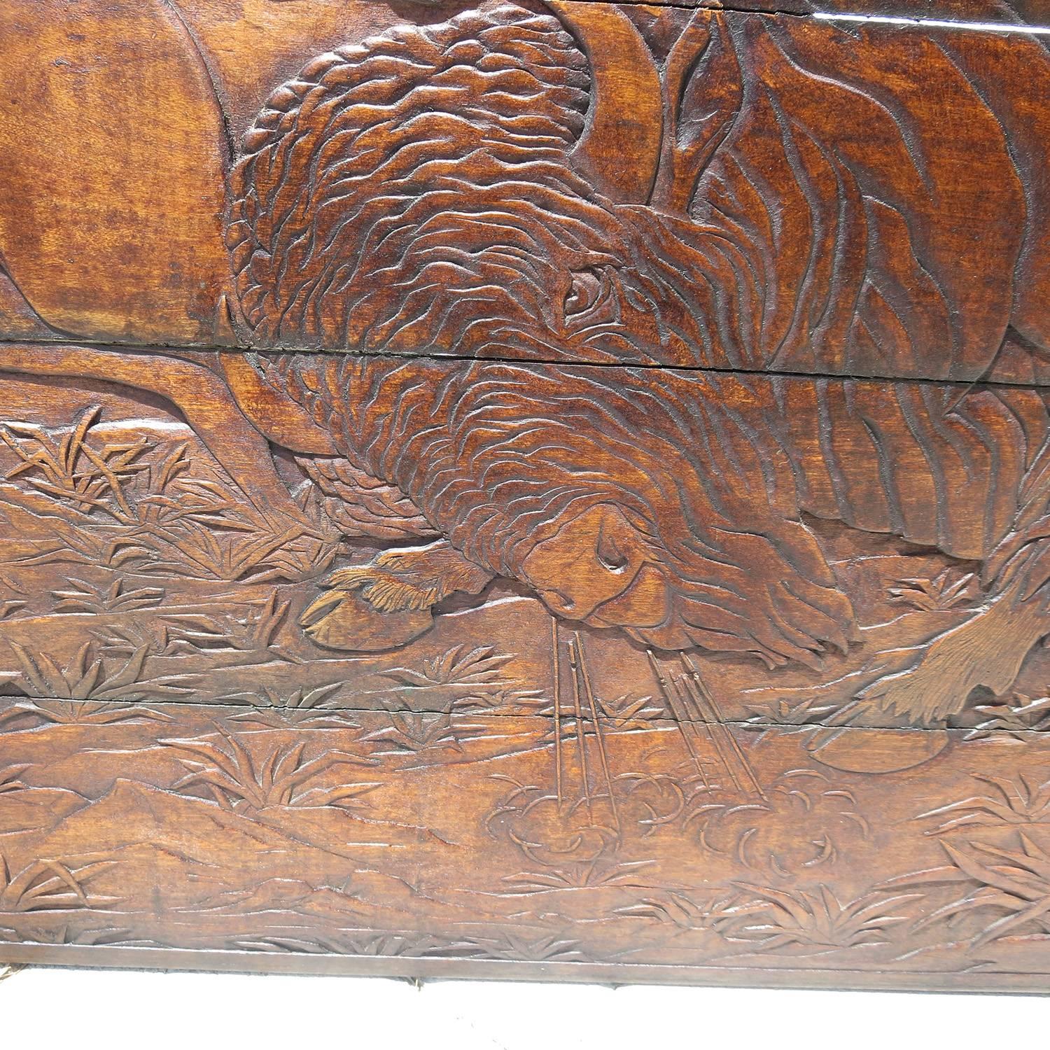Hand-Carved Native Hunting Buffalo Carved Wooden Wall Panel Art by Leanora Oliver Nunn