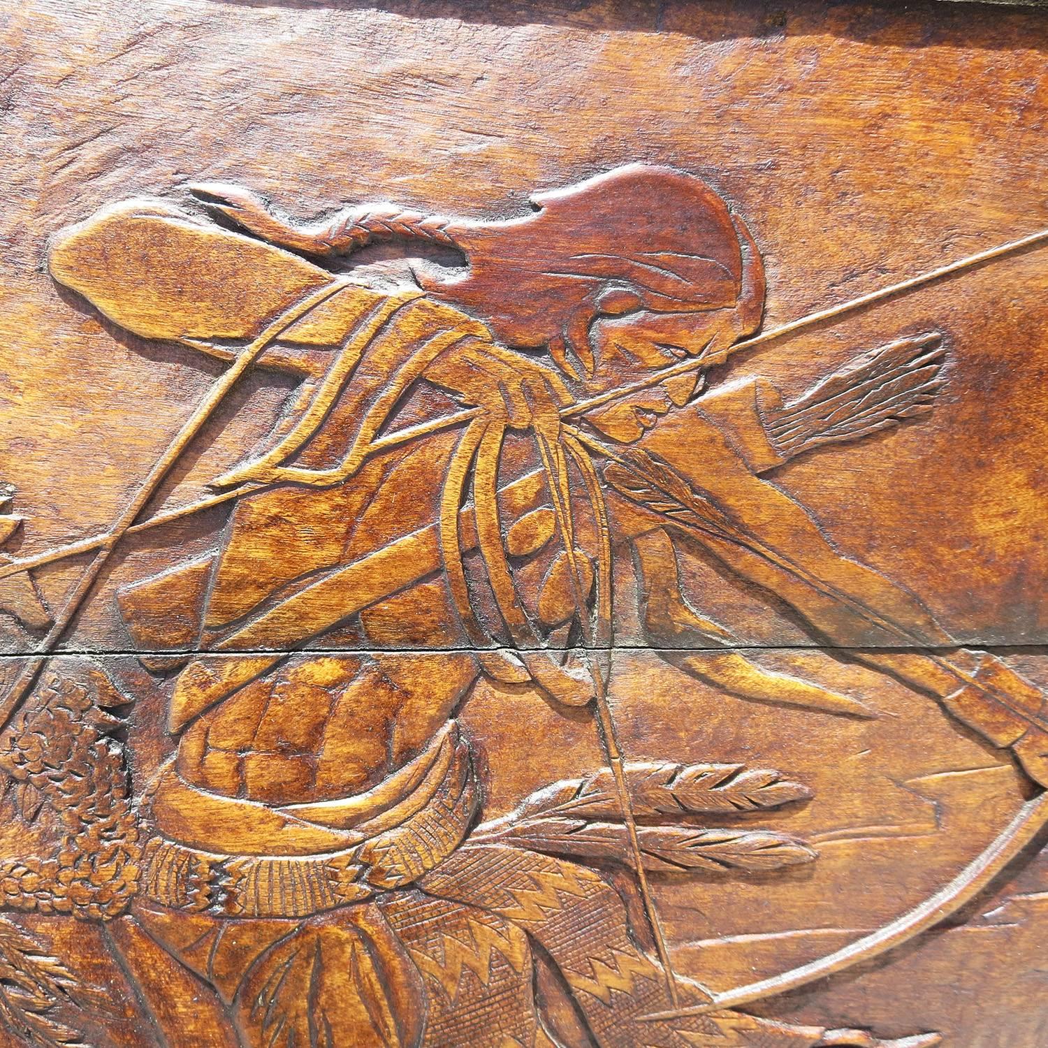 Mid-20th Century Native Hunting Buffalo Carved Wooden Wall Panel Art by Leanora Oliver Nunn