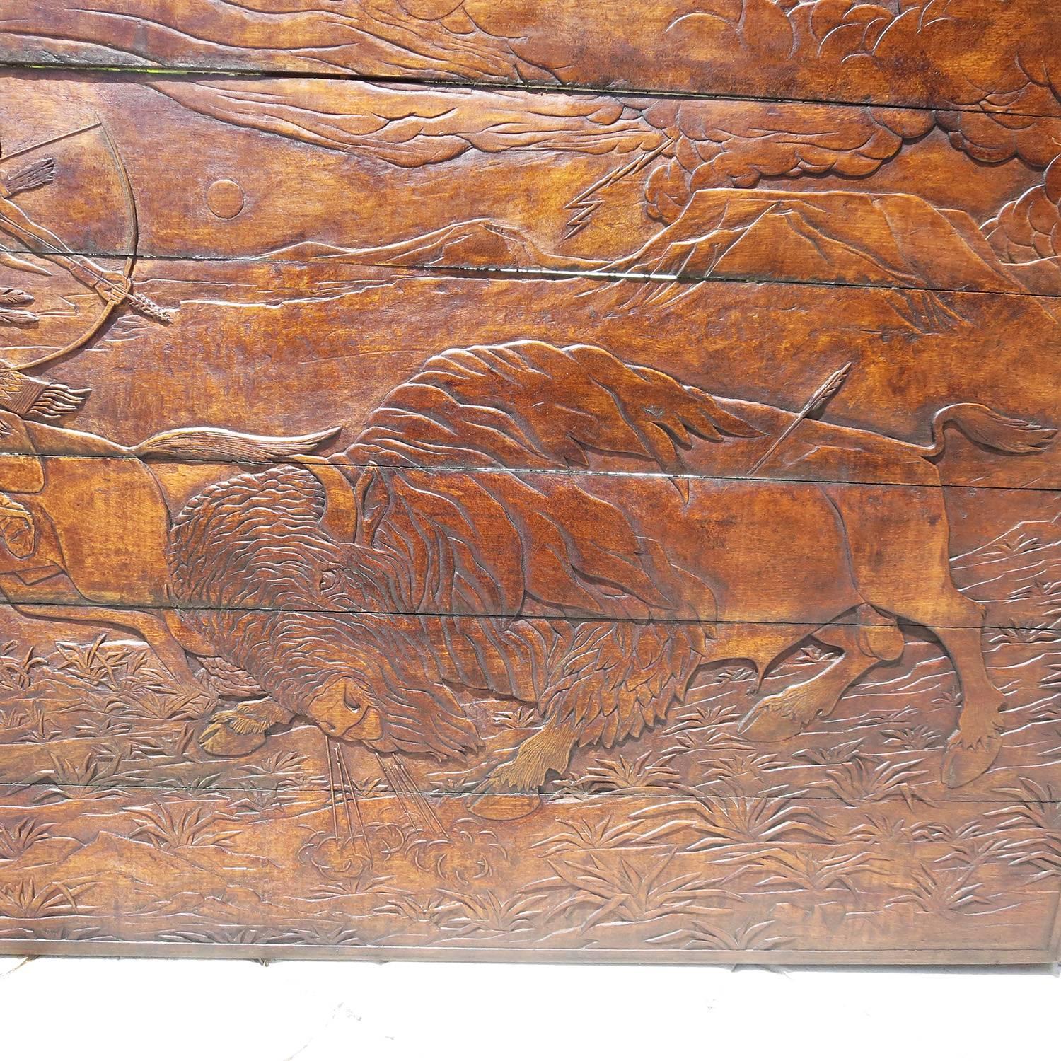 Native Hunting Buffalo Carved Wooden Wall Panel Art by Leanora Oliver Nunn 1