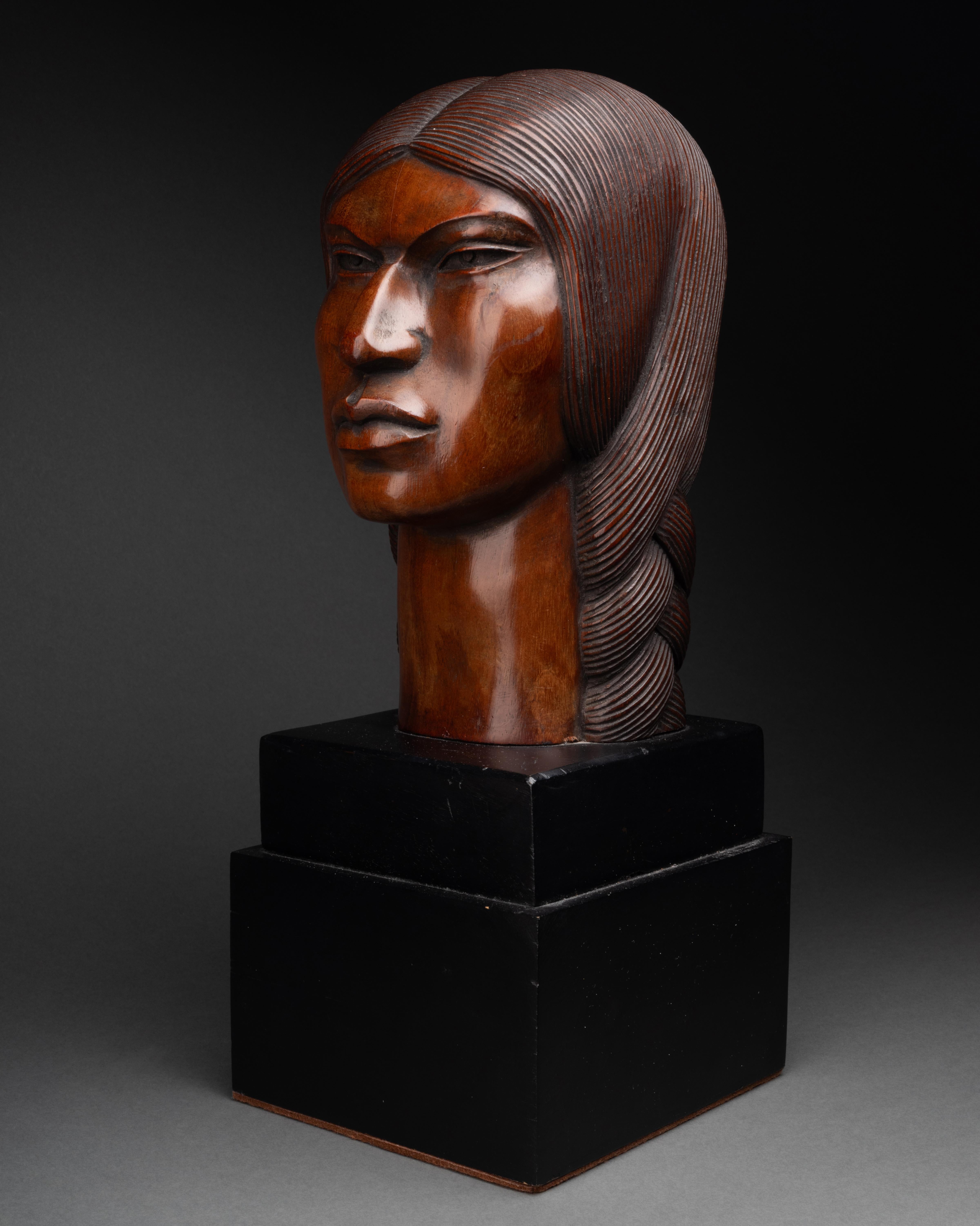 Wood Native indian-American bust hand-carved in wood, CIrca 1930 For Sale