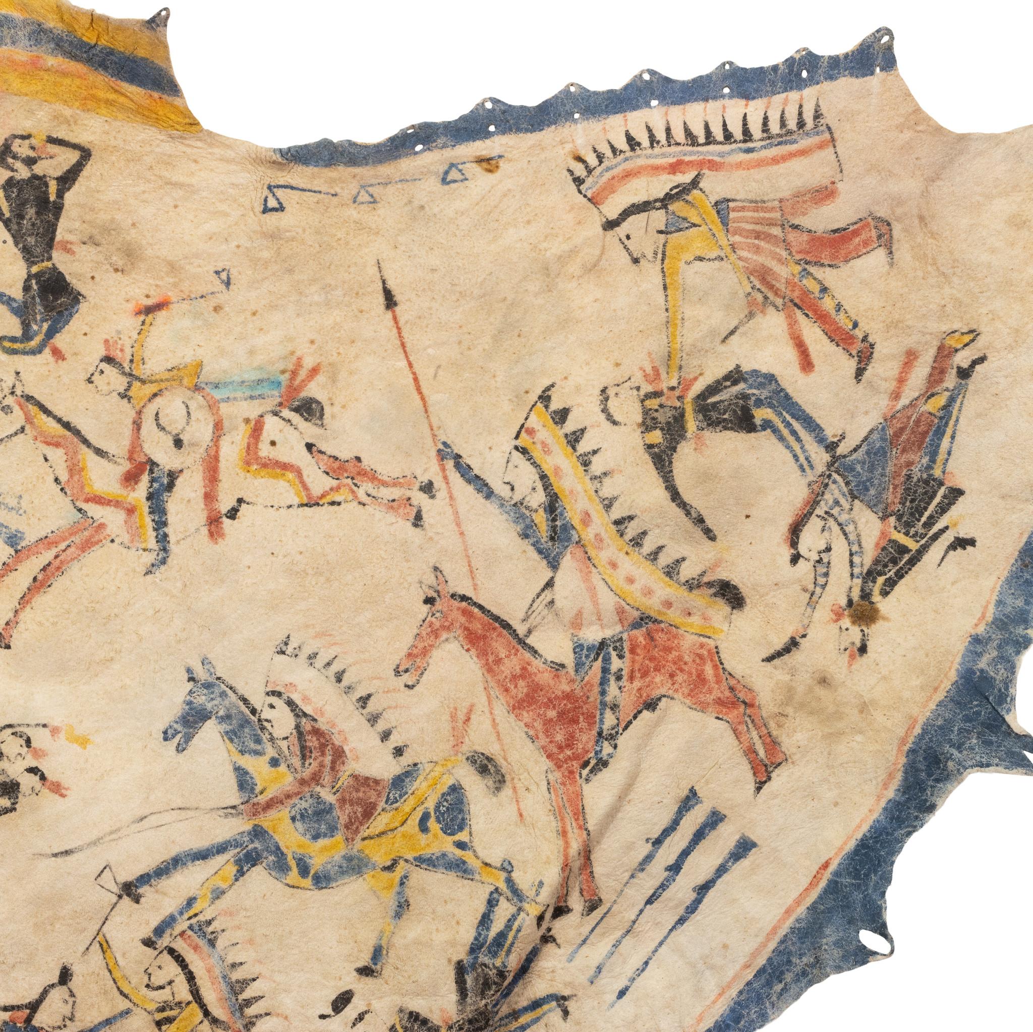 Child's teepee depicting highly graphic battle scene painted on brain tanned deer skin. This piece was acquired from Wilma Silvey, age 89, in 2005, white woman, was handed down through her husband's family, Joseph Silvey (Silverfish). His father was