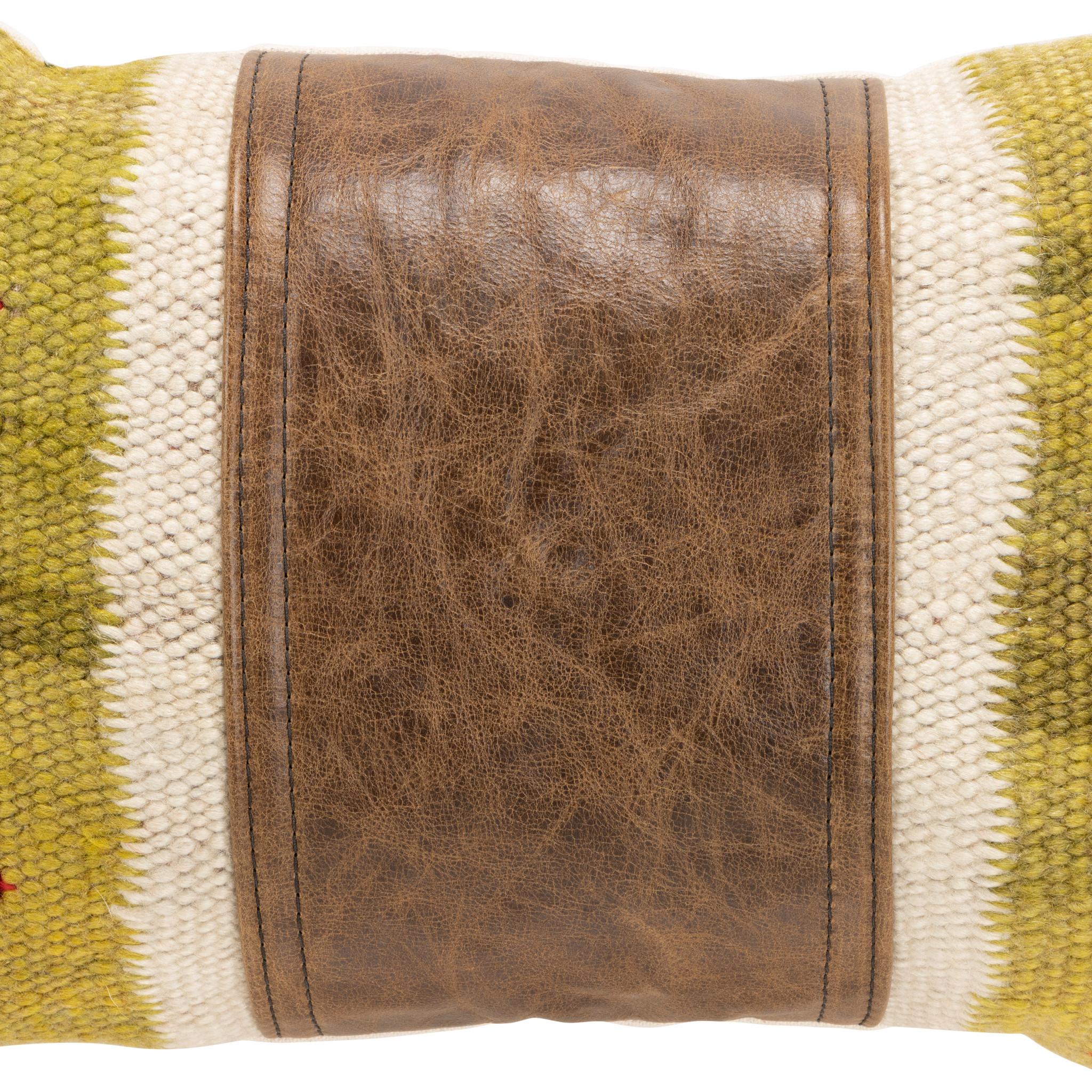 Native transitional pillow. Handmade pillow with front made of brown and black leather with strip of Navajo 1880's transitional weaving down center. Backed with canvas. Featuring natural dyed colors of cream, red, brown, and green. 14