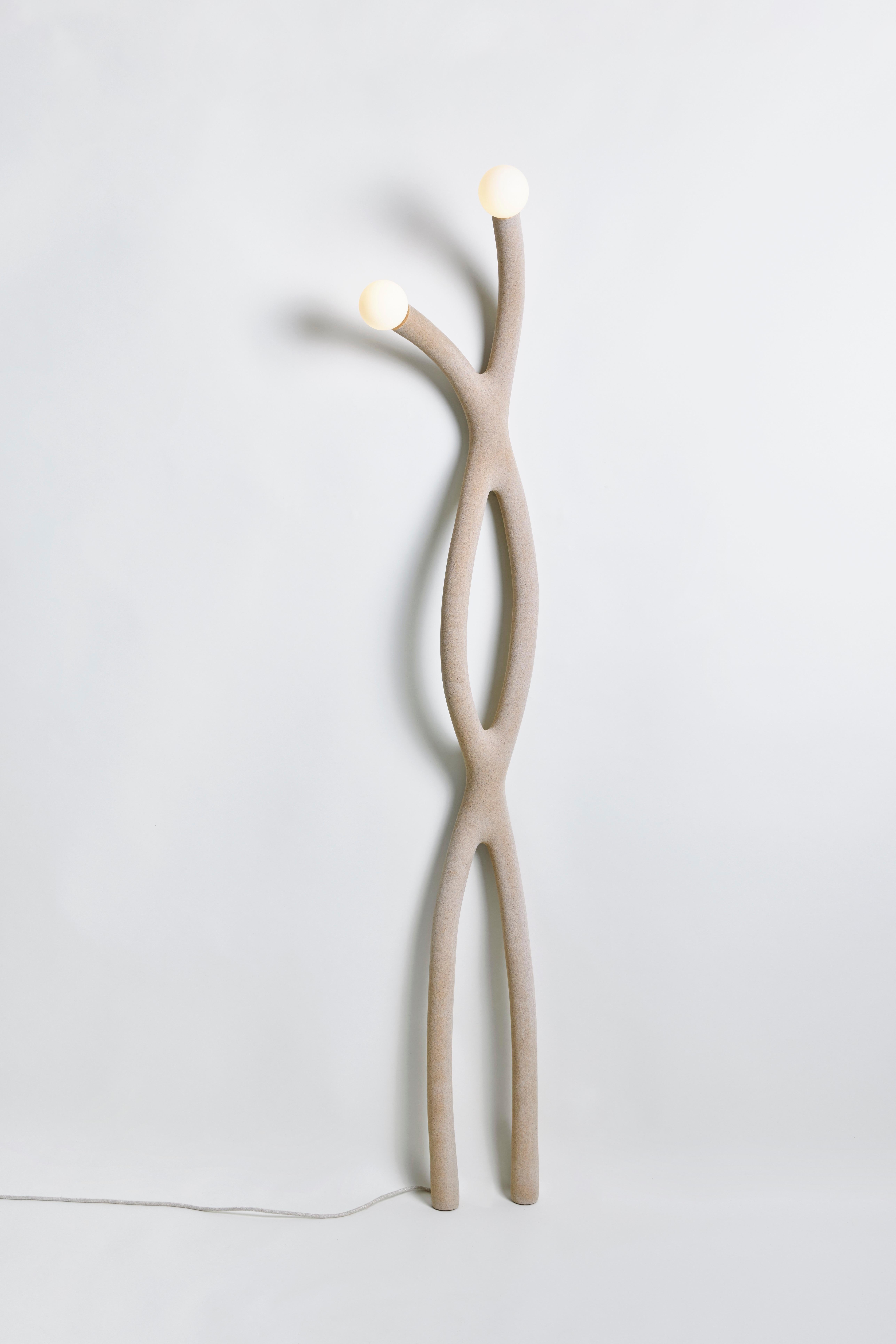 Native Object 06 Double Wall Light by Hot Wire Extensions
Dimensions: D 30 x W 34 x H 197 cm 
Materials: Waste nylon powder, locally sourced beige sand, copper pipe, hand-blown glass bulbs, natural cotton electrical cord.
13 kg

Different sands and