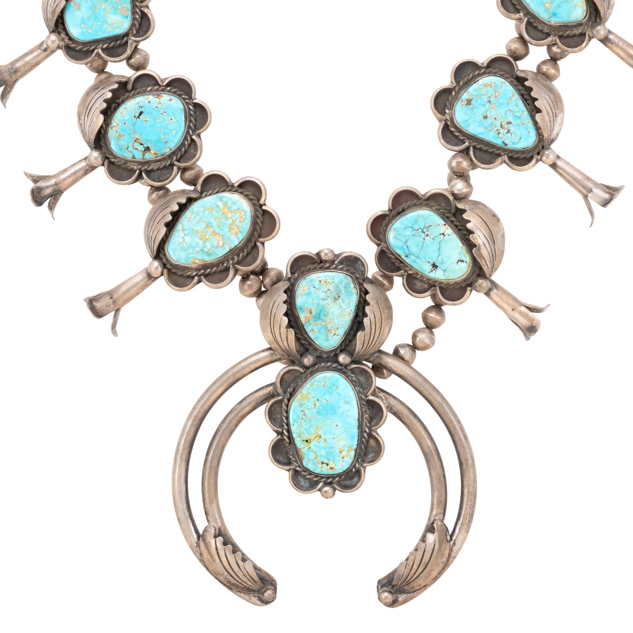 Native Squash Blossom Turquoise and Sterling Silver Necklace In Good Condition For Sale In Coeur d Alene, ID
