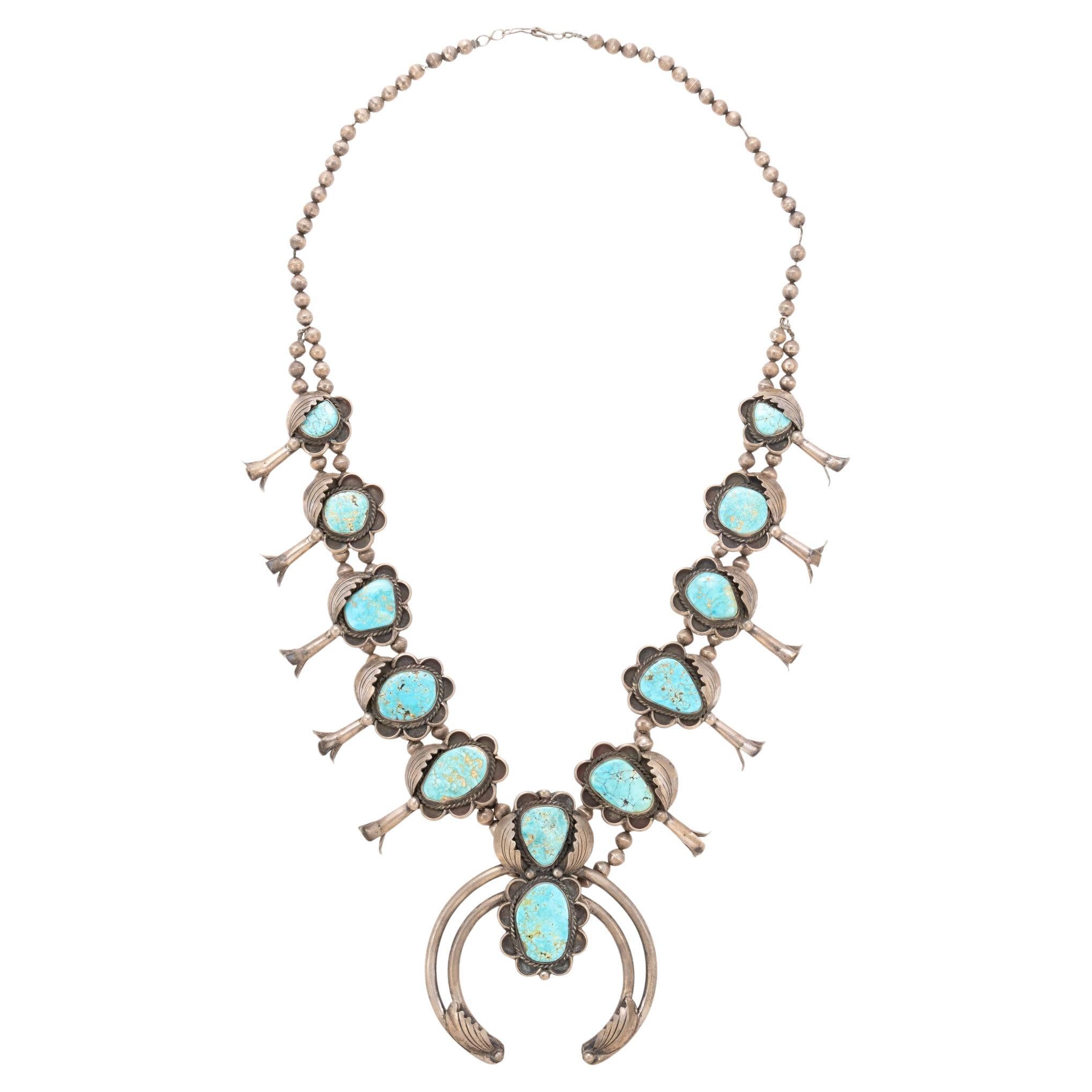 Native Squash Blossom Turquoise and Sterling Silver Necklace For Sale