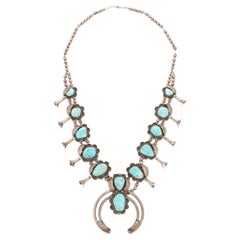 Native Squash Blossom Turquoise and Sterling Silver Necklace Native Squash Blossom Turquoise and Sterling Silver Necklace