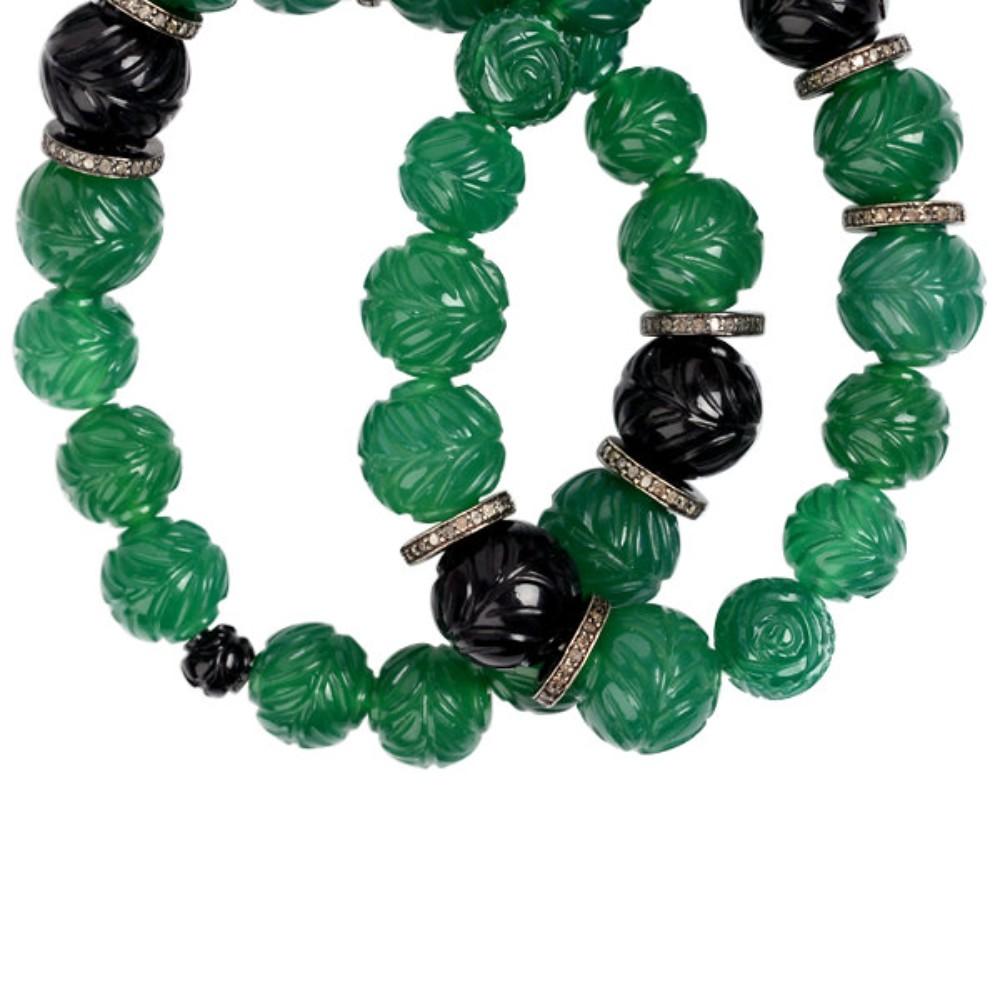 Artisan Native Style Carved Green & Black Onyx Beaded Necklace with Diamonds For Sale
