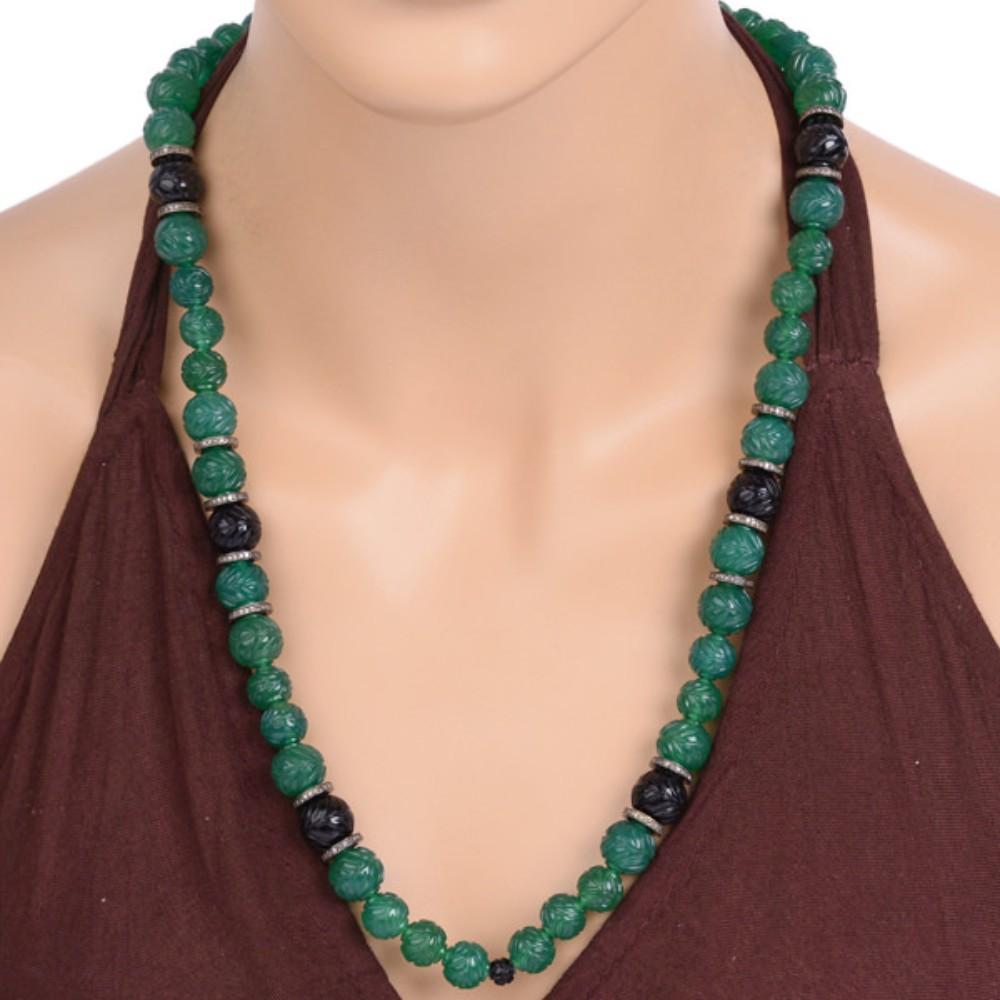 Mixed Cut Native Style Carved Green & Black Onyx Beaded Necklace with Diamonds For Sale
