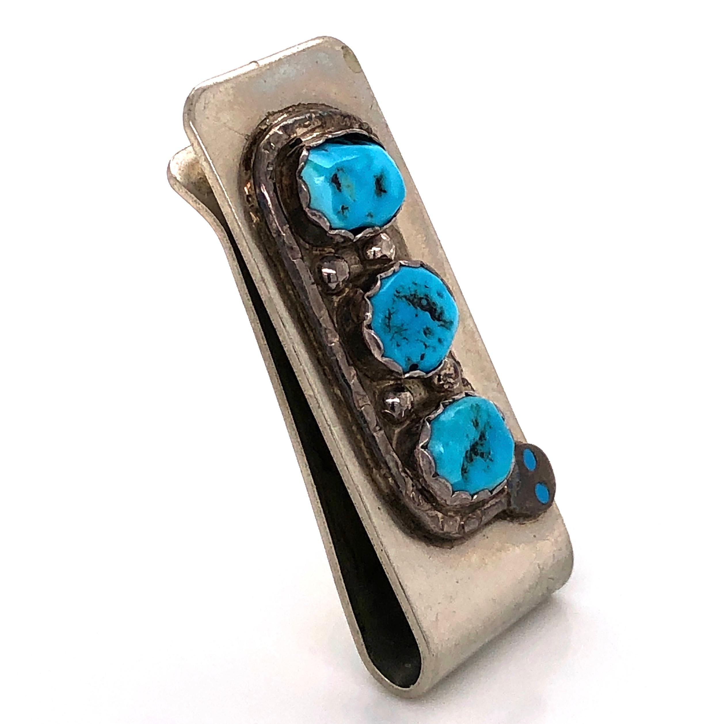 Native ZUNI Old Pawn Serpent design Sterling Silver Money Clip set with 3 Turquoise. A perfect combination of functionality and modern elegance. Approx. 1.75” x 0.75