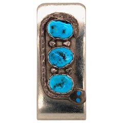 Vintage Native ZUNI Old Pawn Turquoise and Sterling Silver Serpent Design Money Clip
