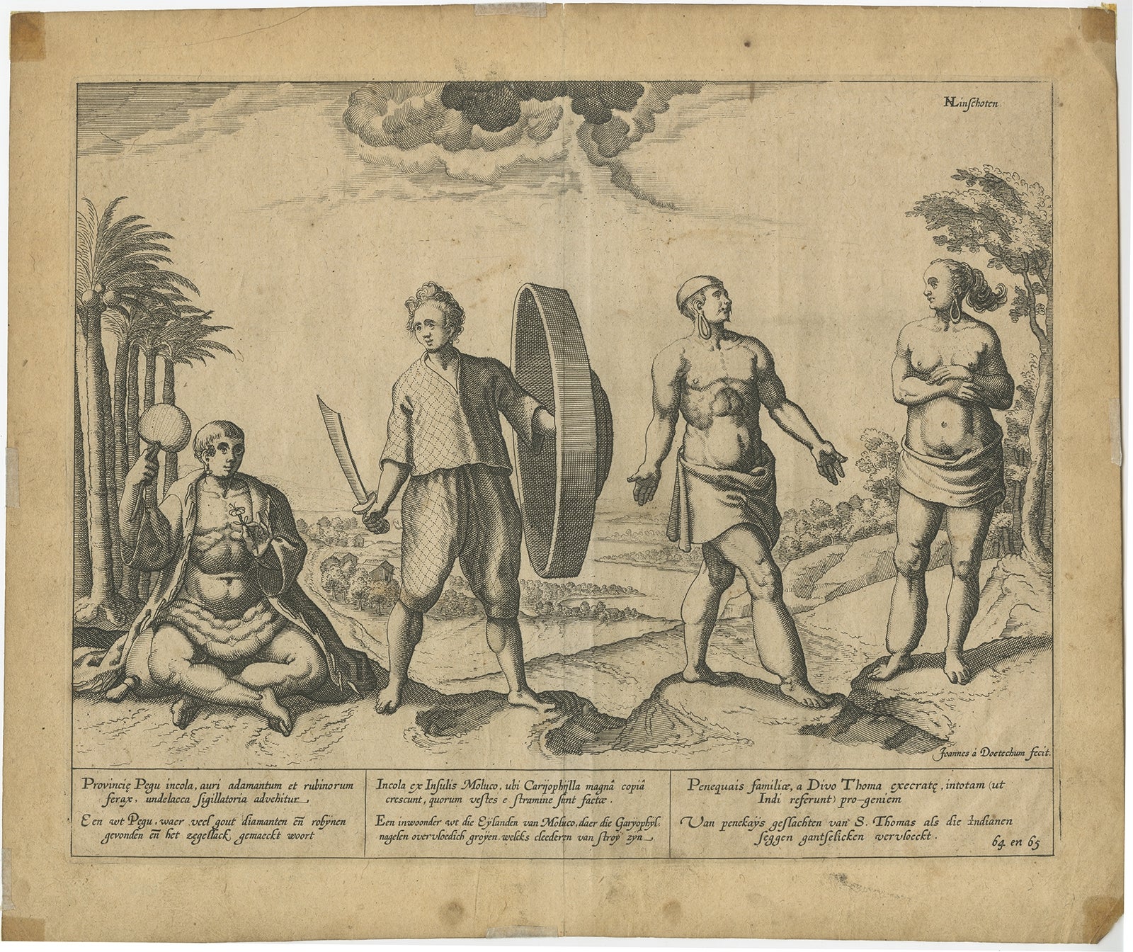 Antique print titled 'Provincie Pegu incola (..) - Incola ex Insulis Moluco (..) - Penequais familiae (..)'. 

Old print showing various figures including a man from Pegu, a man from the Moluccan islands, Penequais indians and inhabitants of S.