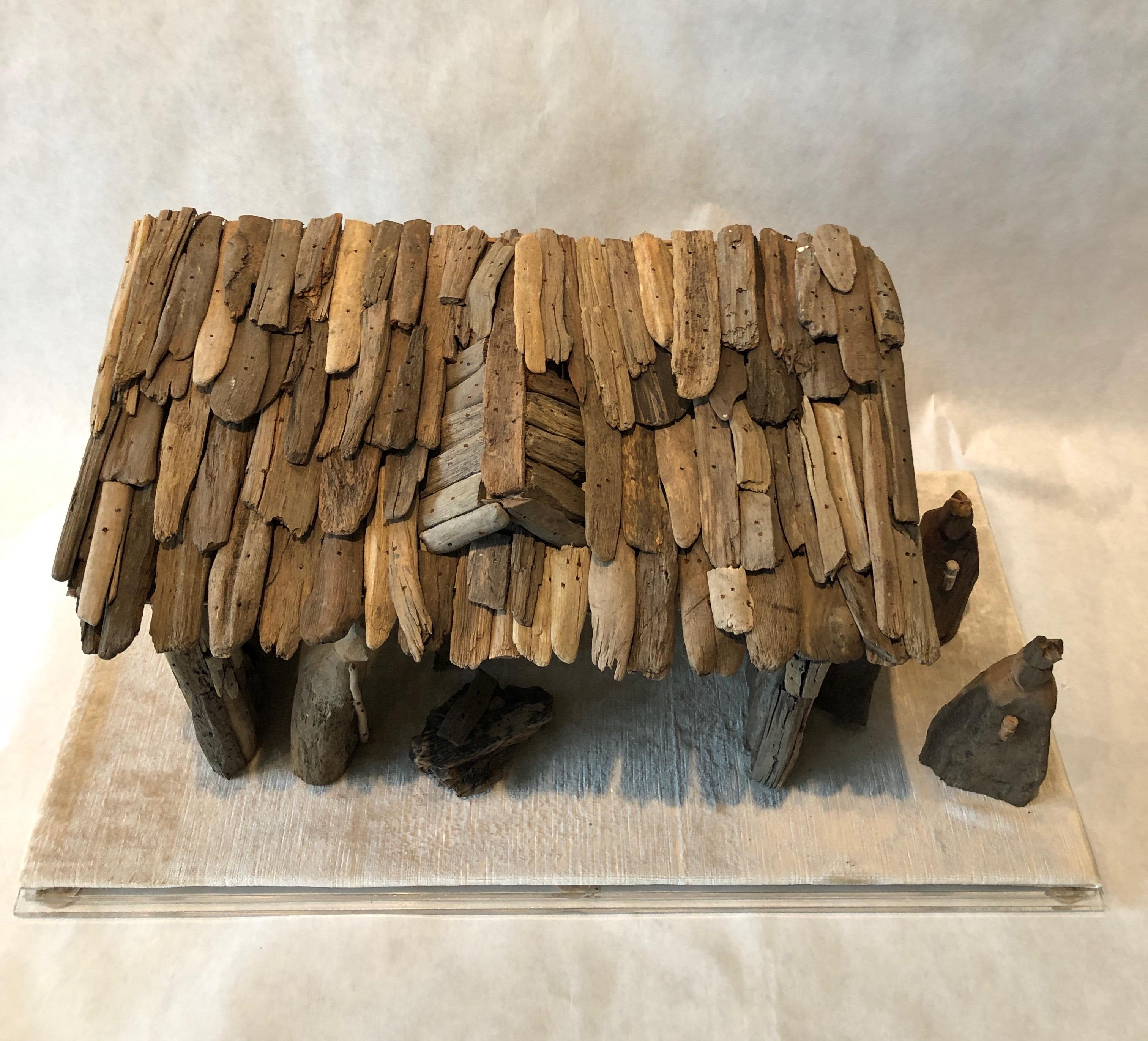 Velvet Nativity Scene in Driftwood and Lucite Object D'art by AMK for Patricia Kagan For Sale