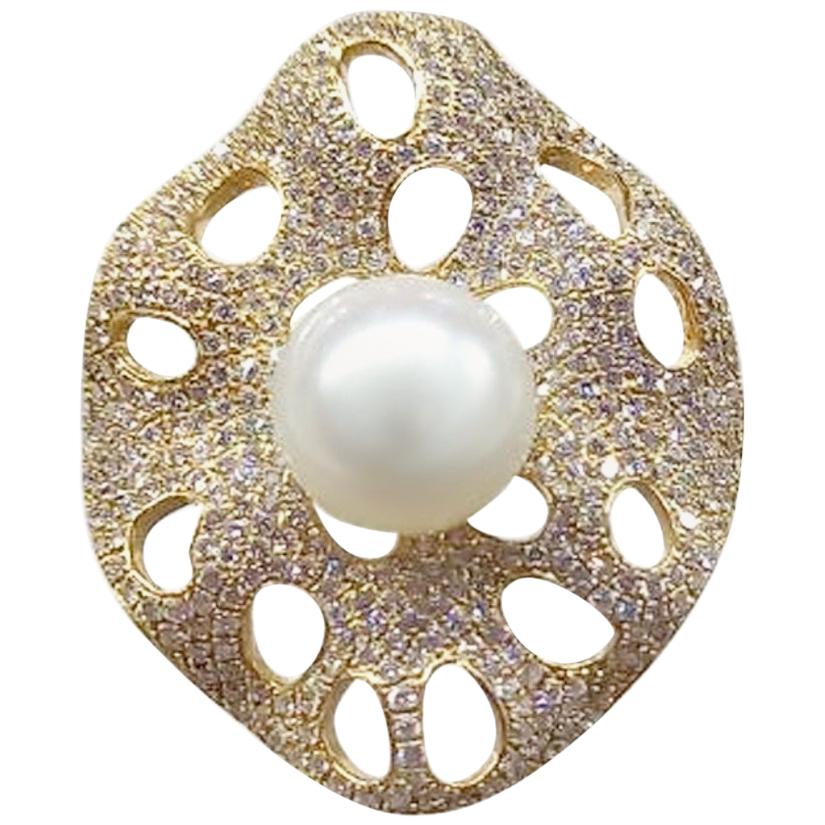 Natkina 5.17 Quilates Perla Natural Diamante Blanco Anillo de Oro Amarillo Precioso en venta