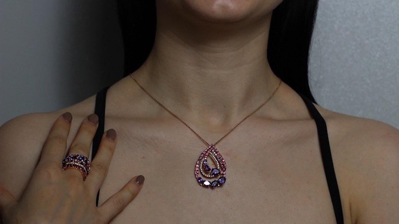 Natkina Amethyst, Diamond, Pink Topaz, Tourmaline Rose Gold Necklace Cocktail In New Condition For Sale In Montreux, CH