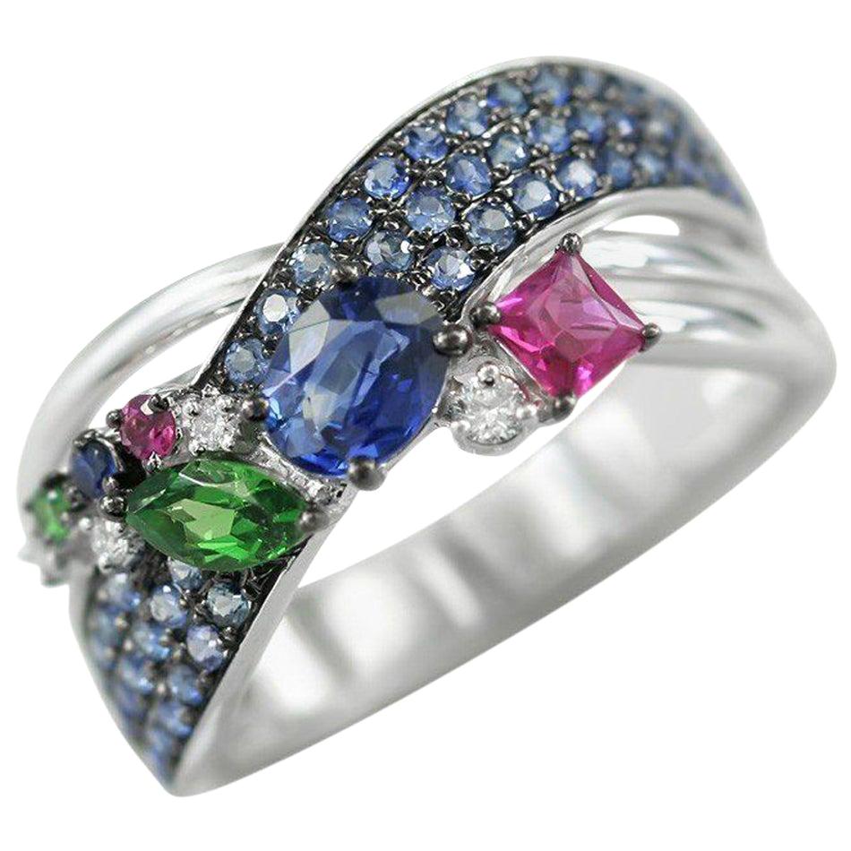 Natkina Blue Multi Sapphire Ruby Tsavorite Diamond Cocktail White Gold Ring For Sale