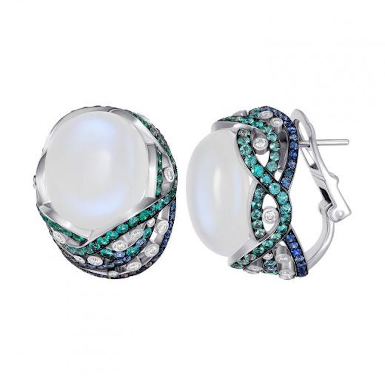 Modern Natkina Blue Sapphire Moon Stone Diamond Lever-Back Tourmaline 18K Gold Earrings For Sale