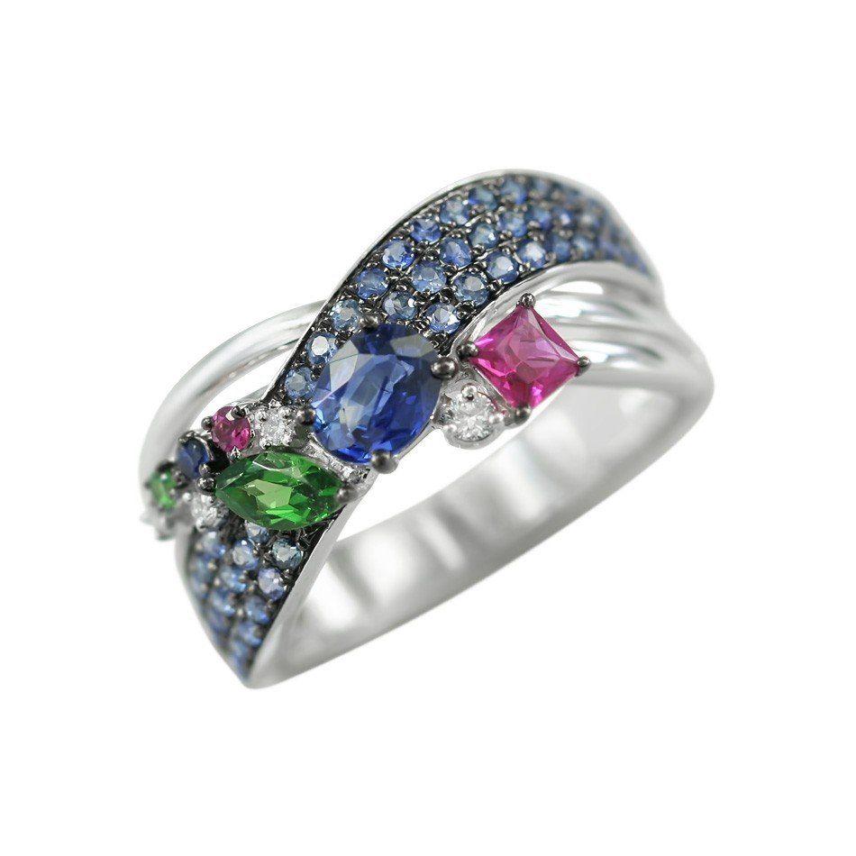 Round Cut Natkina Blue Sapphire Ruby Tsavorite Diamond Lever-Back Precious Earrings For Sale
