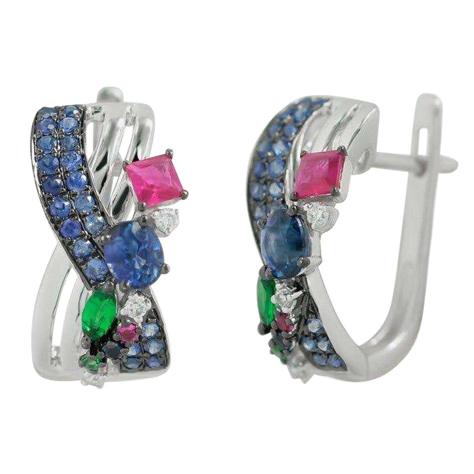 Natkina Blue Sapphire Ruby Tsavorite Diamond Lever-Back Precious Earrings For Sale
