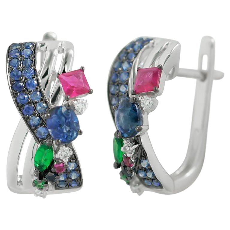 Natkina Blue Sapphire Ruby Tsavorite Diamond Lever-Back Precious Earrings For Sale