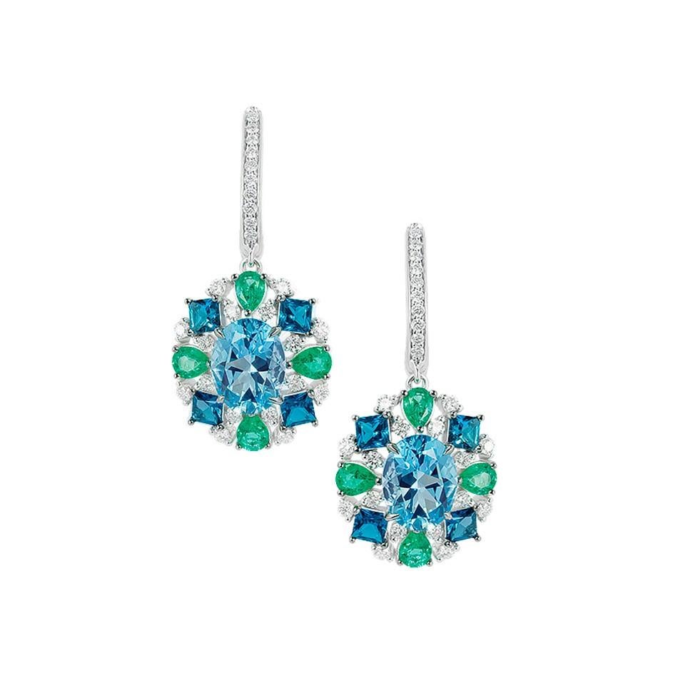 Natkina Diamond Blue Topaz Rare Emerald 18 Karat White Gold Dangle Drop Earrings