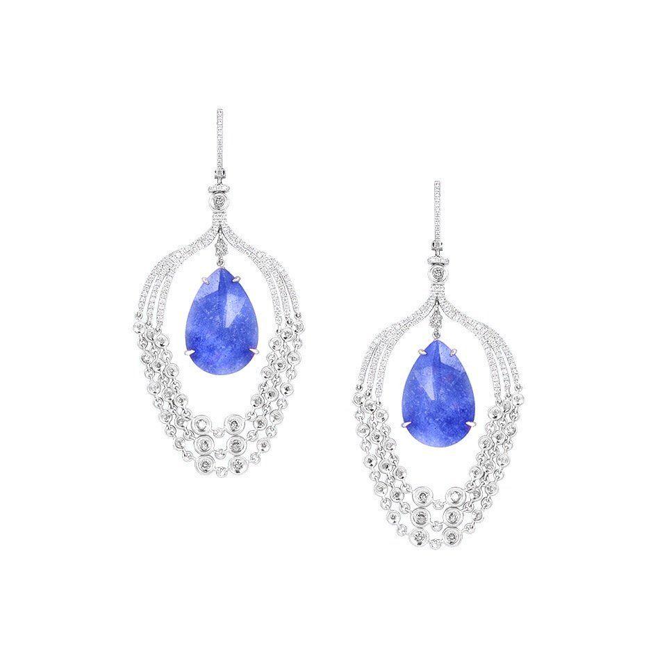 Natkina Fancy Blue Tanzanite Diamond White 18 Karat Gold Chandelier Earrings For Sale