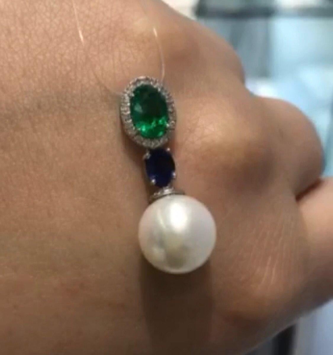 Modern Natkina Pearl Rare Emerald Blue Sapphire Diamond Gold Pendant/ Necklace