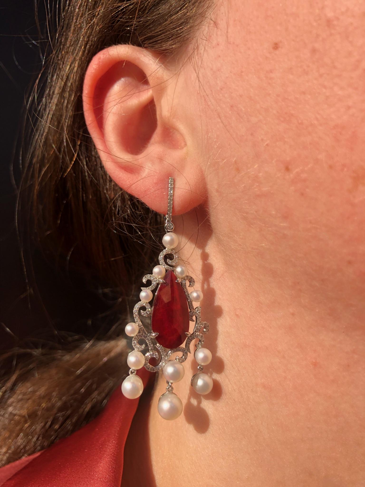 Natkina Pearl Ruby Diamond White Gold Baroque Chandelier Drop Earrings For Sale 3