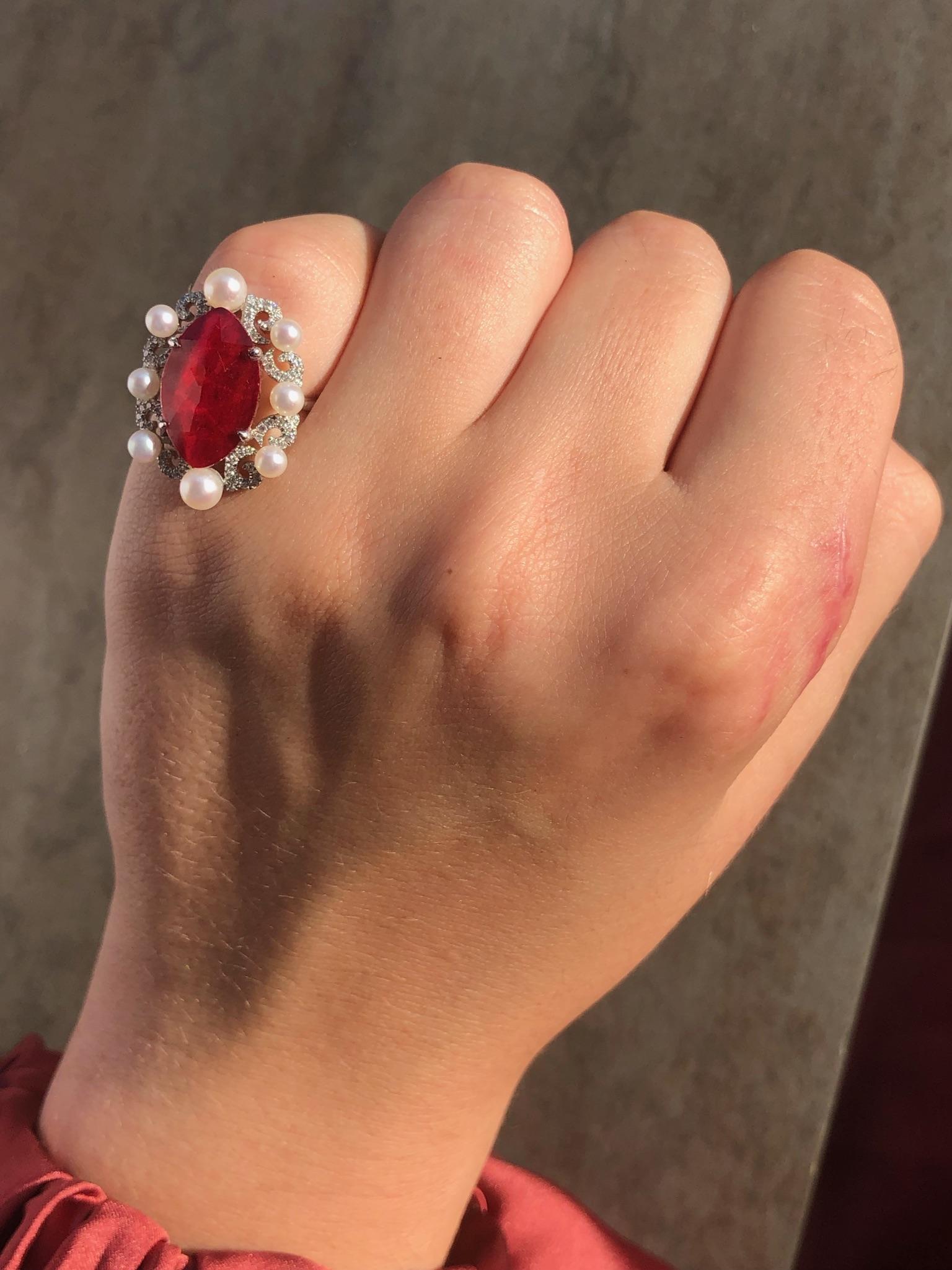 Women's Natkina Pearl Ruby Diamond White Gold Baroque Chandelier Drop Earrings For Sale