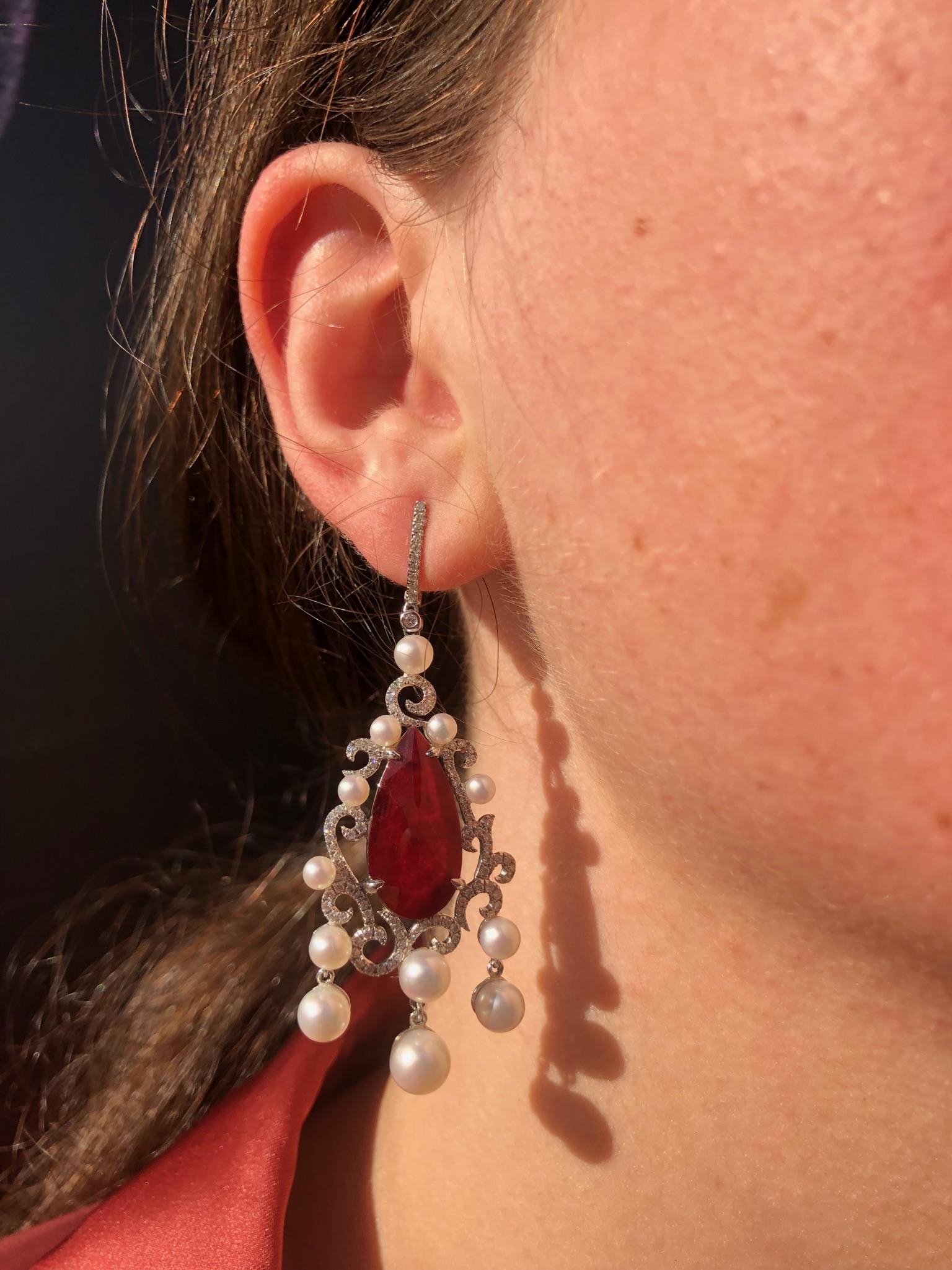 Natkina Pearl Ruby Diamond White Gold Baroque Chandelier Drop Earrings For Sale 1
